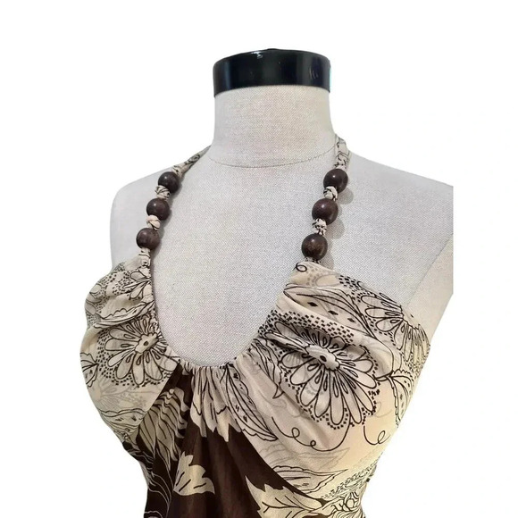 Donna Rico Brown 100% silk Halter Floral Maxi Dress beaded Size 2 - Picture 10 of 11